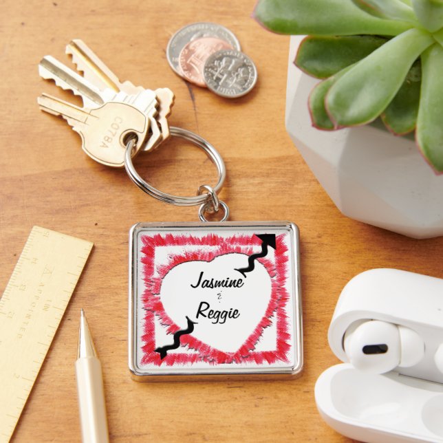 Red Heart Outline With Arrow Personalised  Key Ring (Desk)