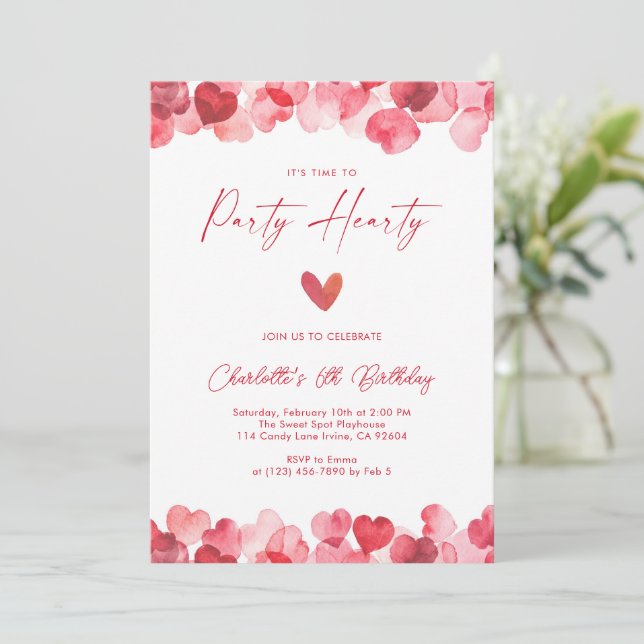 Red Heart Party Hearty Birthday Invitation (Standing Front)