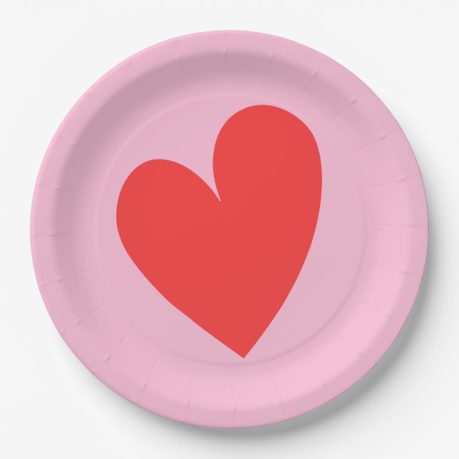 Red Heart Pastel Pink Valentine's Day Paper Plate (Front)