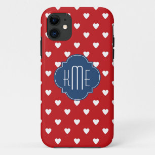 Red Heart Pattern Blue Quatrefoil Monogram iPhone 11 Case