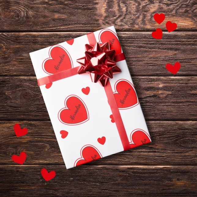 Red heart pattern custom name on white wrapping paper (Creator Uploaded)
