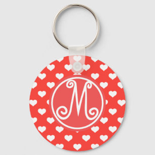 Red Heart Pattern Monogrammed Key Ring
