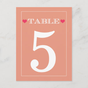 Red Heart Peach Wedding Table Number Cards