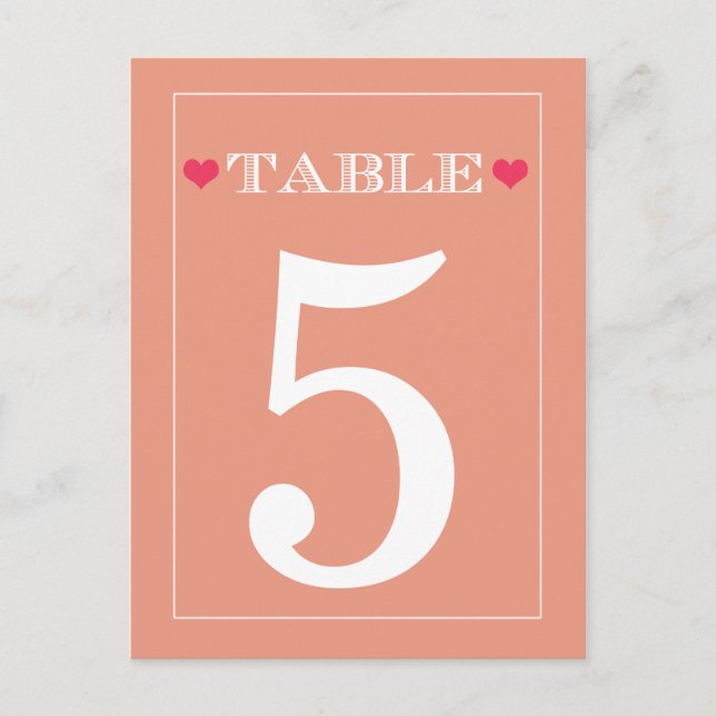 Red Heart Peach Wedding Table Number Cards (Front)