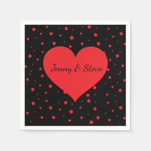 Red heart personalised black cocktail napkins