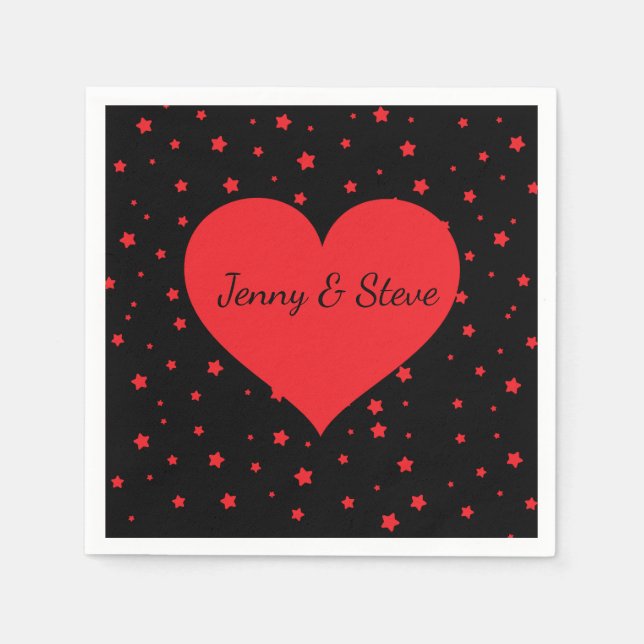 Red heart personalised black cocktail napkins (Front)