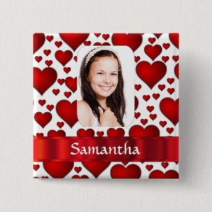 Red heart photo template 15 cm square badge