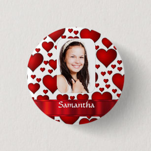 Red heart photo template 3 cm round badge
