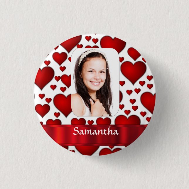 Red heart photo template 3 cm round badge (Front)
