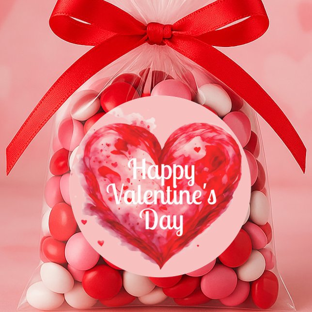 Red Heart Pink Happy Valentine's Day Classic Round Sticker (Red heart on pink "Happy Valentine's Day" sticker)