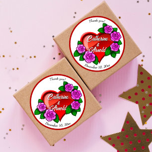 Red heart pink roses Thank You Wedding Favour Classic Round Sticker