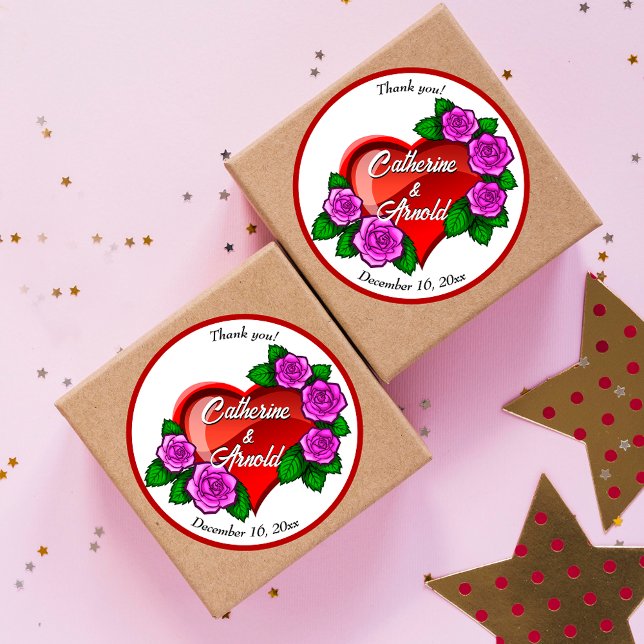 Red heart pink roses Thank You Wedding Favour Classic Round Sticker (Creator Uploaded)