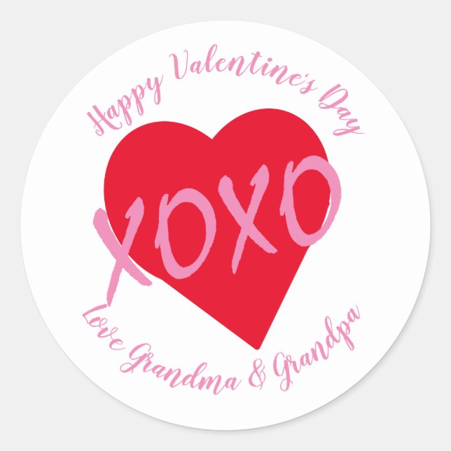 Red Heart Pink XOXO Valentine's Day Modern Black Classic Round Sticker (Front)