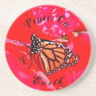 Red Heart Poinsettia Watercolor Monarch Butterfly  Coaster