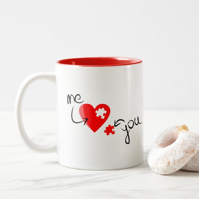 Red Heart Puzzle Valentine's Day Cute Two-Tone Coffee Mug (With Donut)