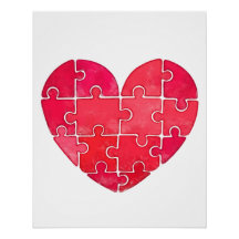 Red heart puzzle watercolor illustration