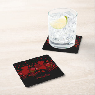 Red heart, red roses for Valentine's day Square P Paper Coaster