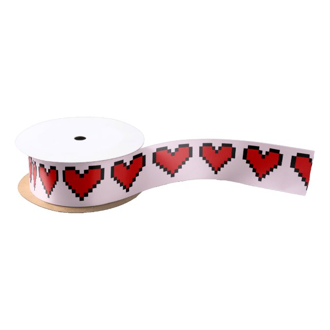Red heart ribbon with pixel art love symbol satin ribbon (Spool)