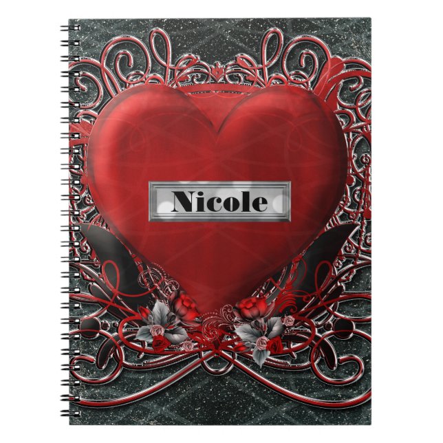 Red Heart & Roses Gothic Glam Personalised Custom Notebook (Front)