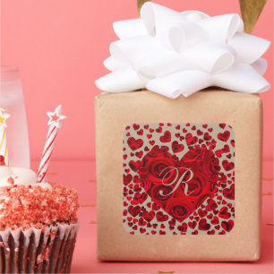 Red Heart Roses Wedding RSVP Square Sticker