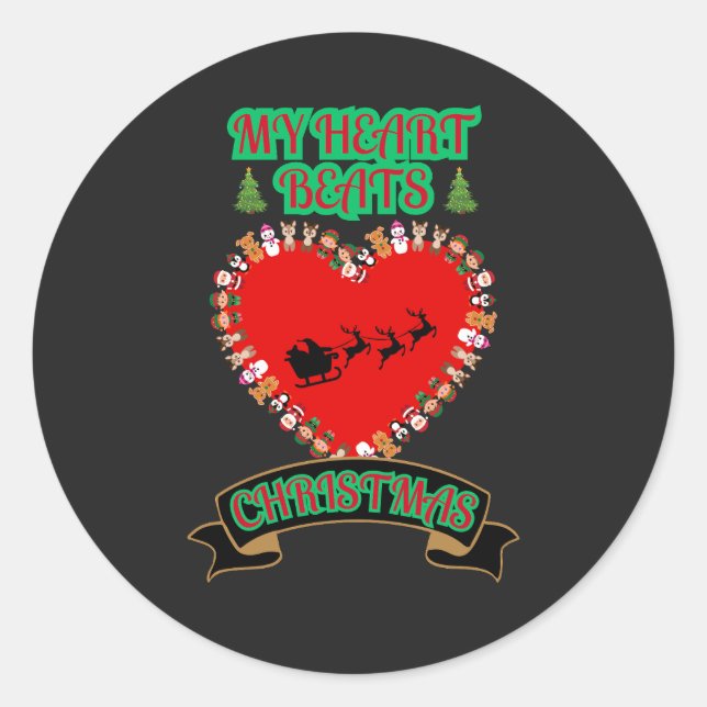 Red Heart Santa Sleigh Reindeer Christmas Holiday  Classic Round Sticker (Front)