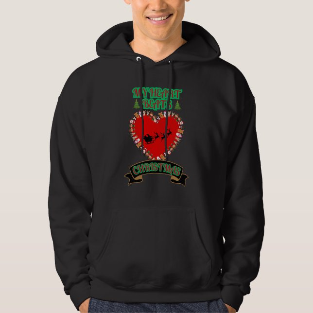 Red Heart Santa Sleigh Reindeer Christmas Holiday  Hoodie (Front)