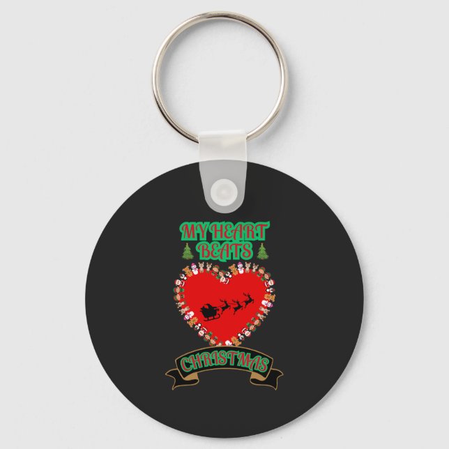 Red Heart Santa Sleigh Reindeer Christmas Holiday  Key Ring (Front)