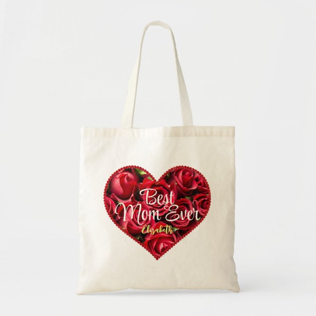 Red Heart Script Best Mum Ever Floral Mothers Day Tote Bag (Front)
