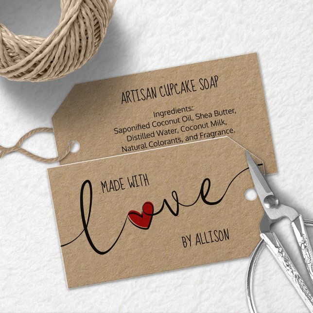 Red Heart Script Typography Made With Love Kraft Gift Tags