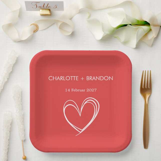 Red Heart Shape Personalise Couple Name and Date   Paper Plate (Wedding)
