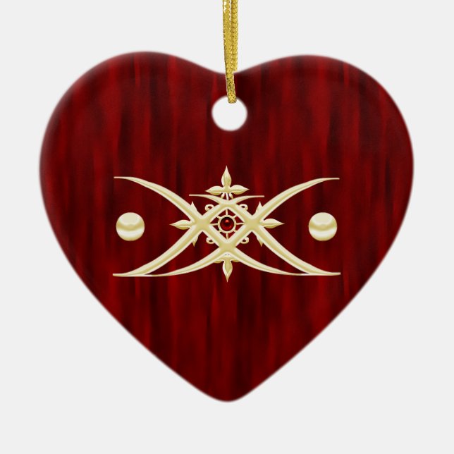 Red Heart Shaped Ceramic Ornament with Gold Accent (Front)