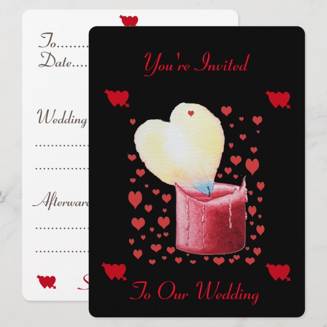 red heart shaped flame romantic wedding invitation (Front/Back)