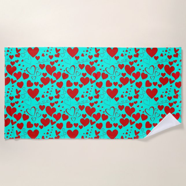 Red Heart Shapes Pattern in Vivid Turquoise Beach Towel (Front)
