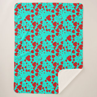 Red Heart Shapes Pattern in Vivid Turquoise Sherpa Blanket