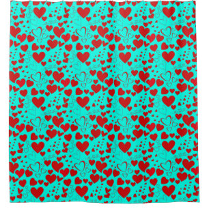 Red Heart Shapes Pattern in Vivid Turquoise Shower Curtain