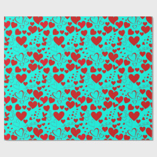 Red Heart Shapes Pattern in Vivid Turquoise Wrapping Paper