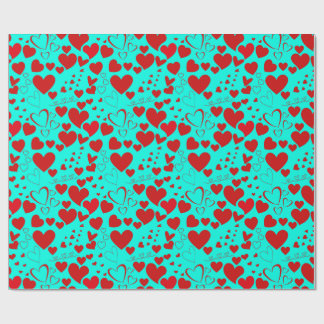Red Heart Shapes Pattern in Vivid Turquoise Wrapping Paper