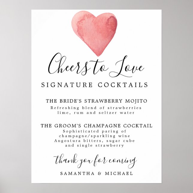 Red Heart Signature Cocktails Wedding Bar Sign (Front)