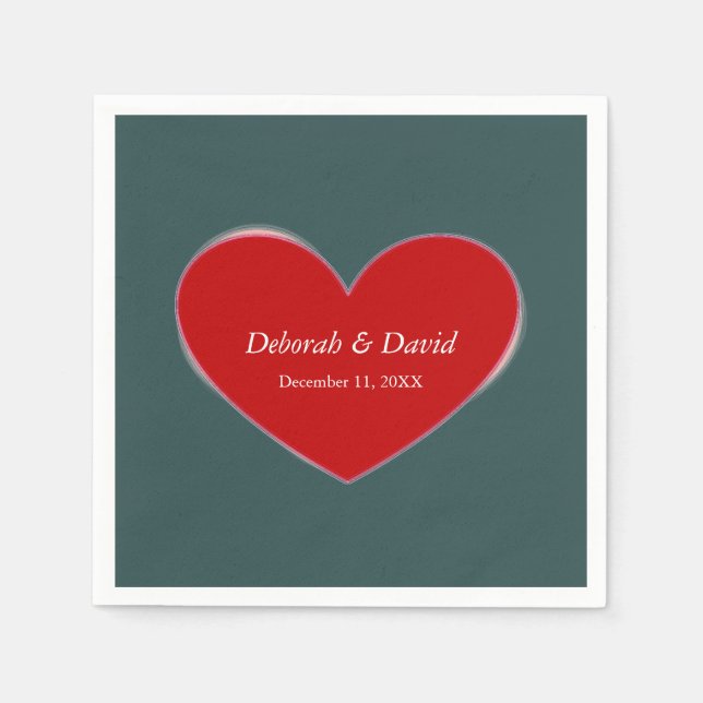 Red Heart Slate Grey Script Wedding Napkin (Front)