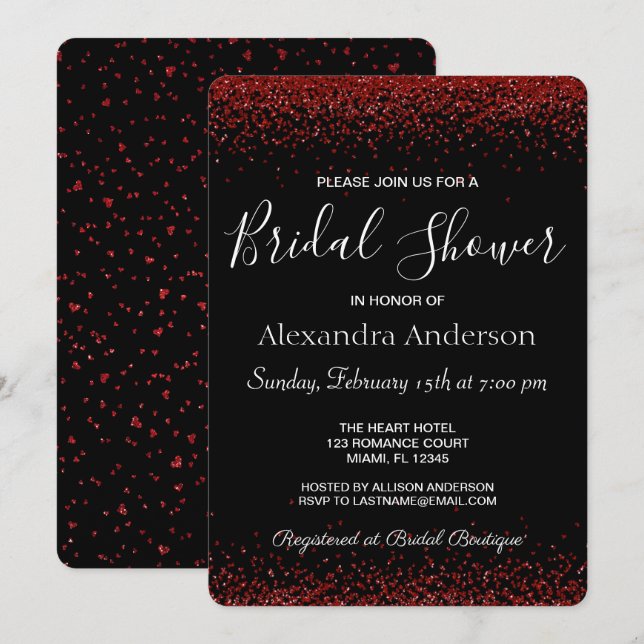 Red Heart Sparkle Glitter Bridal Shower Invitation (Front/Back)