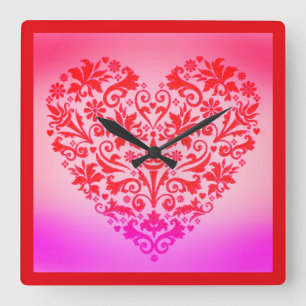 Red heart square wall clock