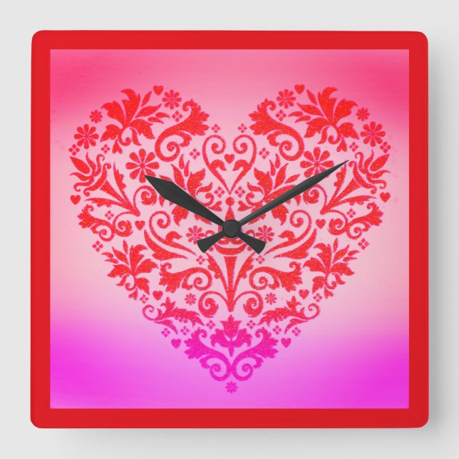 Red heart square wall clock (Front)