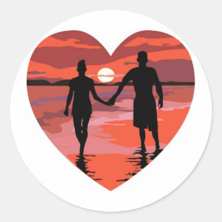 Red Heart Sunset Beach Holding Hands Classic Round Sticker