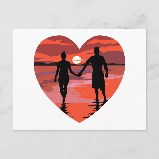 Red Heart Sunset Beach Holding Hands Postcard (Front)