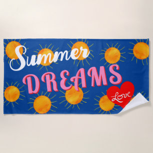 Red Heart Sunset Summer Dreams Blue Beach Towel
