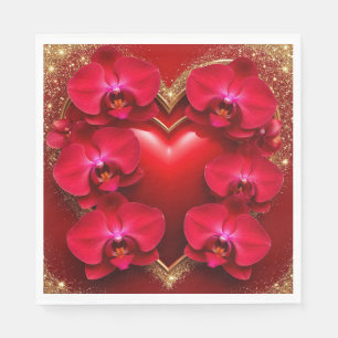 Red Heart Surrounded by Elegant Orchids Napkin