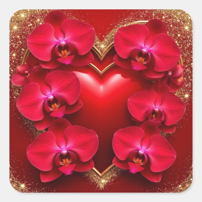 Red Heart Surrounded by Elegant Orchids Square Sticker (Front)