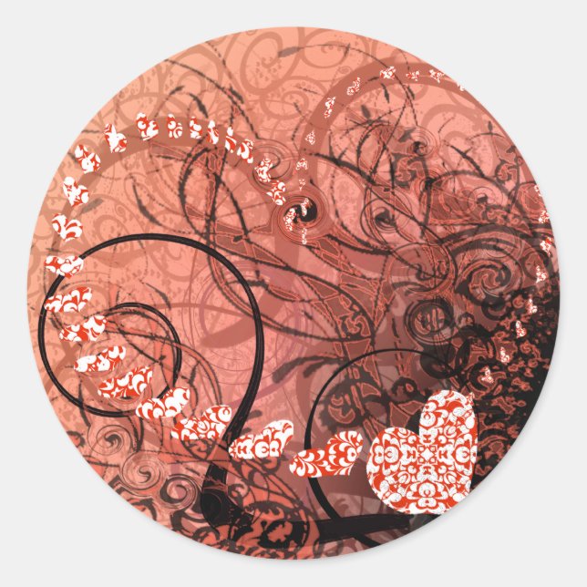 Red Heart Swirls Classic Round Sticker (Front)