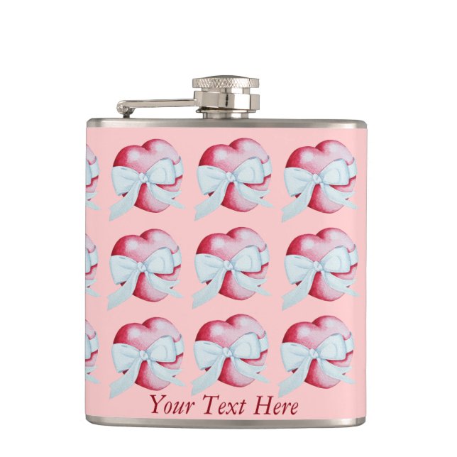 red heart tied with white ribbon bow art design hip flask (Front)