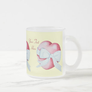 red heart tied with white ribbon bow romantic frosted glass coffee mug